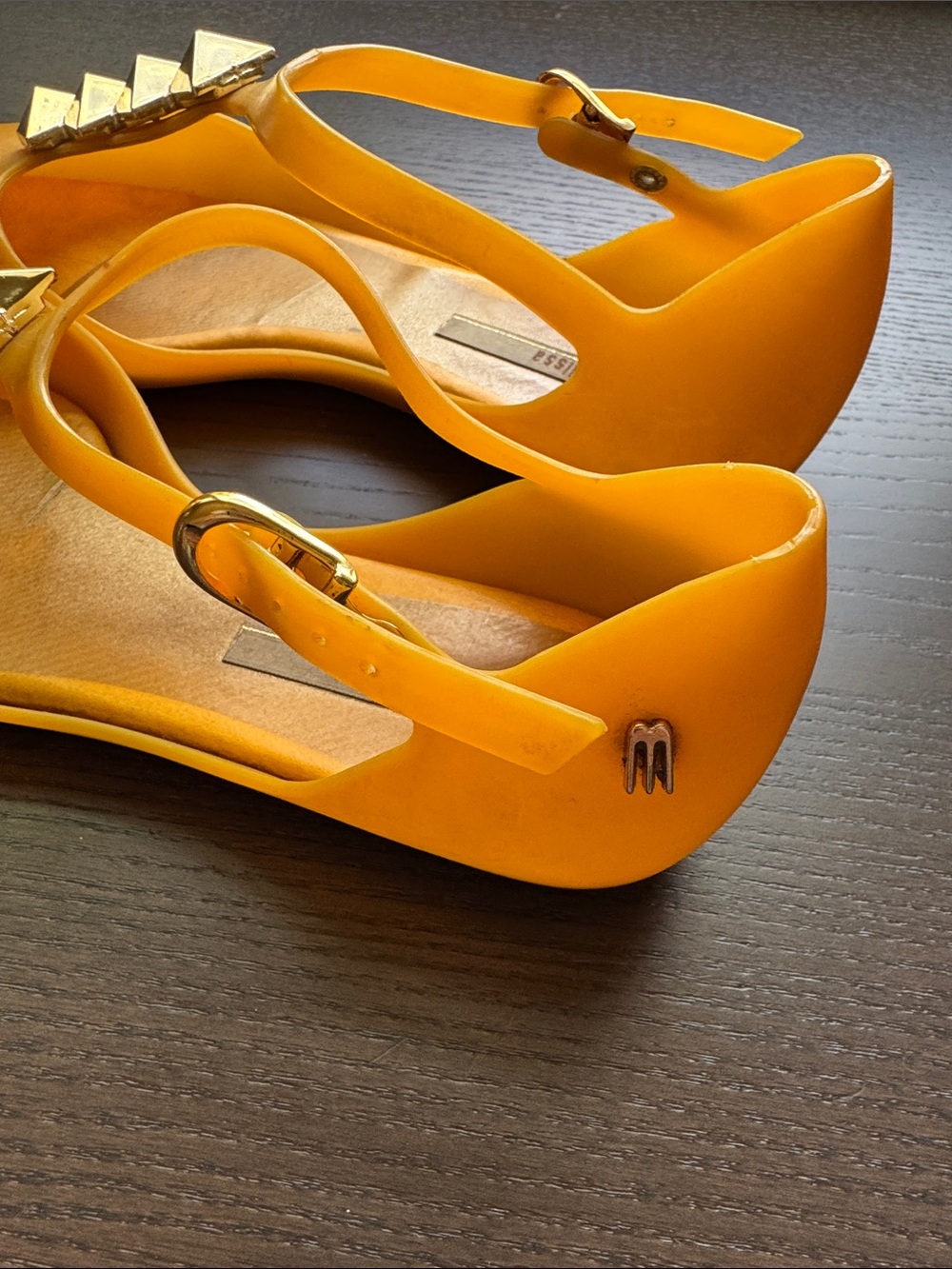 Melissa Yellow Pointed T-Strap Flats with Gold Pyramid Studs (Sz 38) - Picture 3 of 7